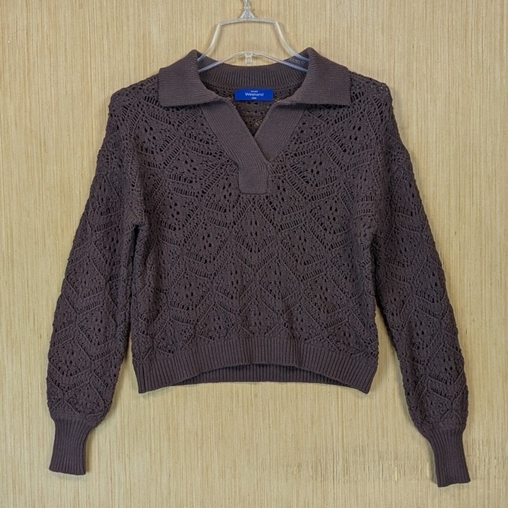 Weekend Sweater Womens Medium‎ Open Knit Collared Brown Retro Eclectic Grandpa